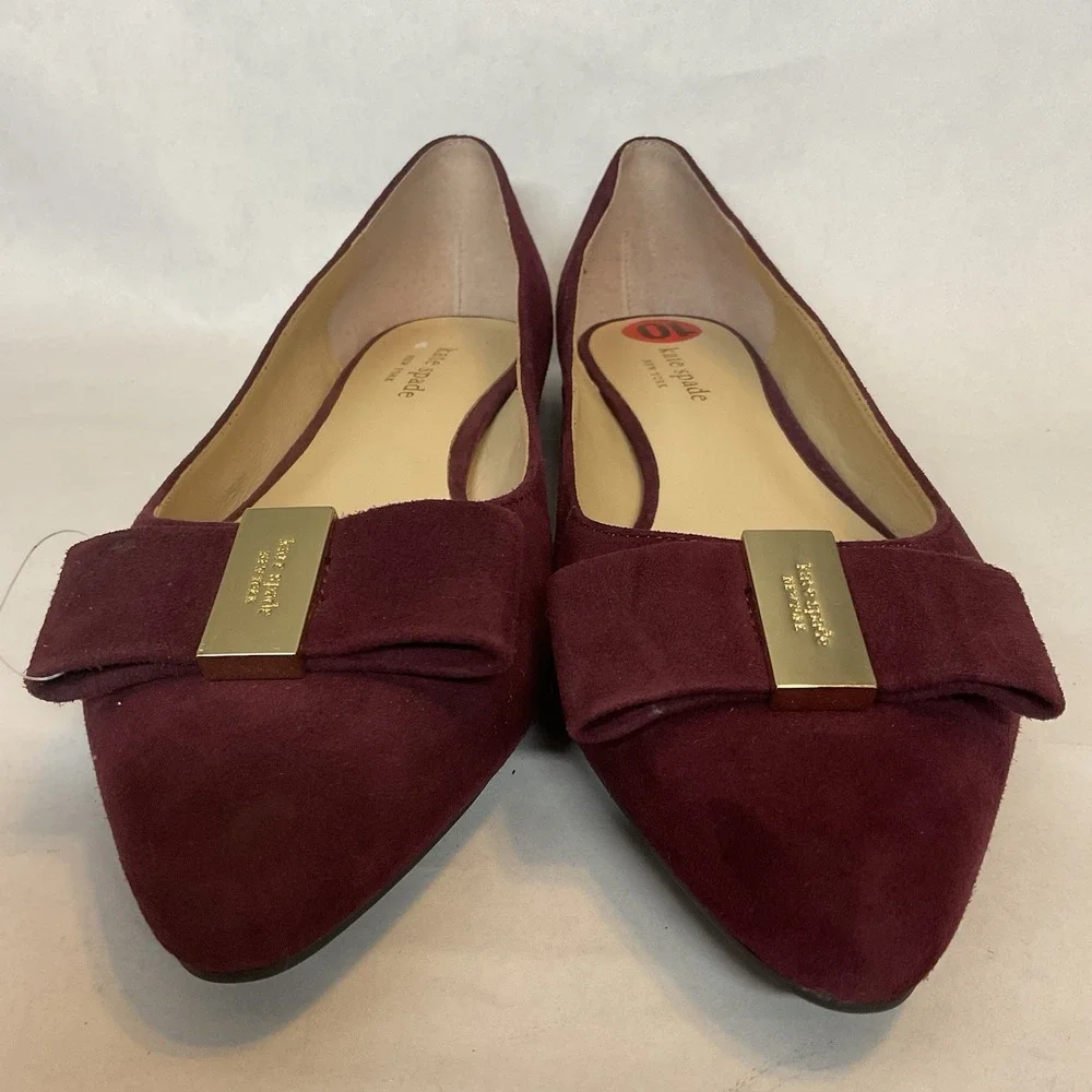 Kate Spade new york Burgundy Velvet Ballet Flats Size 10 Bow Logo Accent Women's